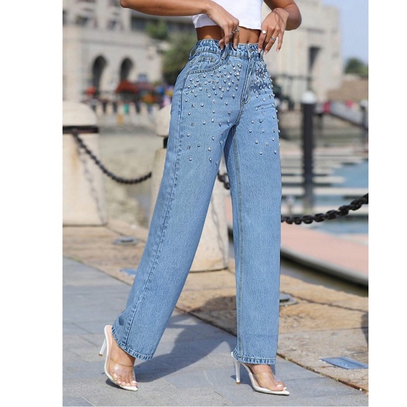 Rhinestone Embellished Light Wash Blue Straight Leg Jeans Denim - Picture 7 of 9